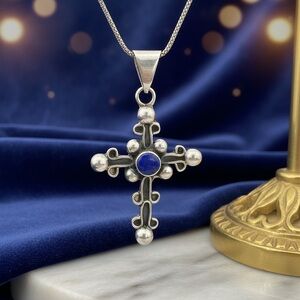 Sterling Silver Cross with blue Cabochon Necklace signed & stamped 925
